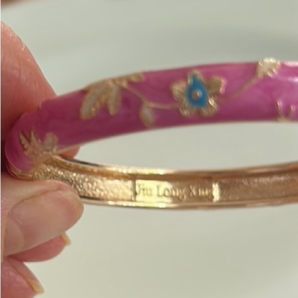 Jui Long Jing Pink Enamel and Gold Tone Metal Floral Bangle - Picture 7 of 7